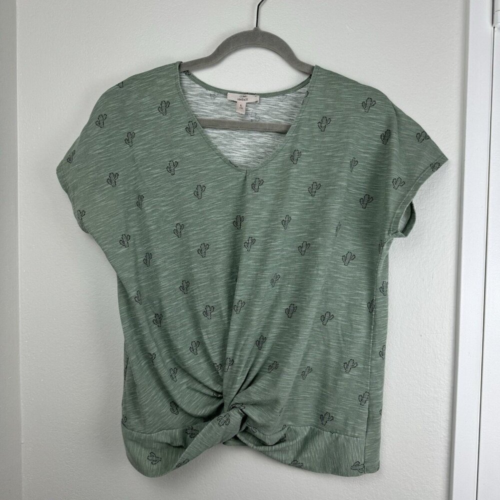 Como Vintage V-Neck Womens L Large Green Tie Bottom Cactus Short Sleeve Soft